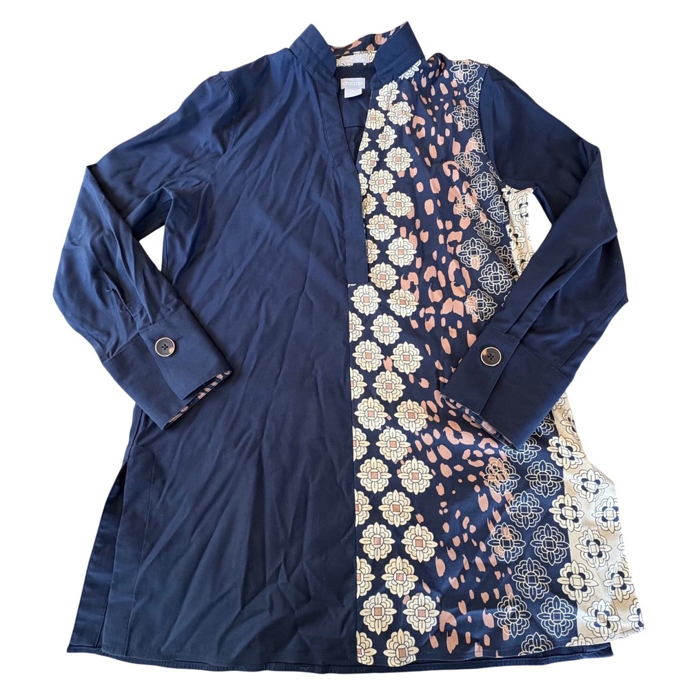 CHICOS Sz 0/US 4 No-Iron Chic Stretch Tunic Navy Floral Animal Print Top Luxury